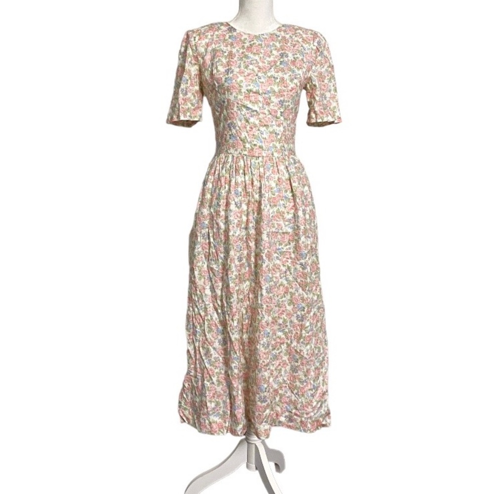 Vintage 80s Floral Girlhoodcore Prairie Dress Cream Pink blue purple Roses S Bow